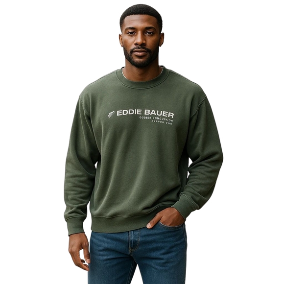 Vintage Eddie Bauer Crewneck Sweatshirt - Olive Green - Printed Text Logo - Picture 1 of 5